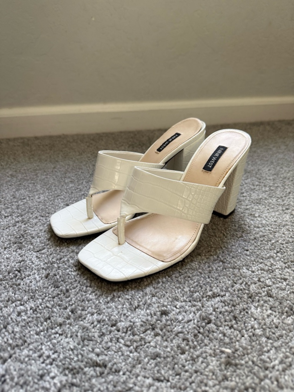 Nine West White Croc-Embossed Thong Block Heel Sandals